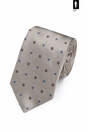 Jedwabny krawat beżowy z brązowo-błękitnym mikrowzorem