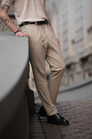 Męskie spodnie chinosy z wysokim stanem z bawełnianego seersuckera – beżowe