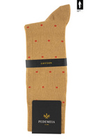 Musztardowe skarpety w groszki Pedemeia – bawełna organiczna
