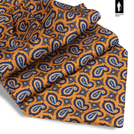 Jedwabny fular jasnopomarańczowy w granatowo-biały wzór paisley