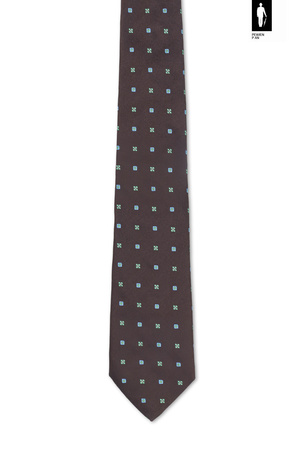 Jedwabny krawat brązowy z zielono-błękitnym mikrowzorem