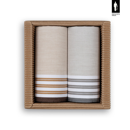 Bawełniane chusteczki męskie w beżowe oraz szare paski – zestaw 2 sztuk
