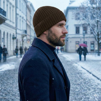 Czapka męska zimowa z wełny merino brązowa