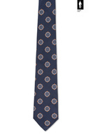 Jedwabny krawat granatowy w jasnobrązowo-biały wzór