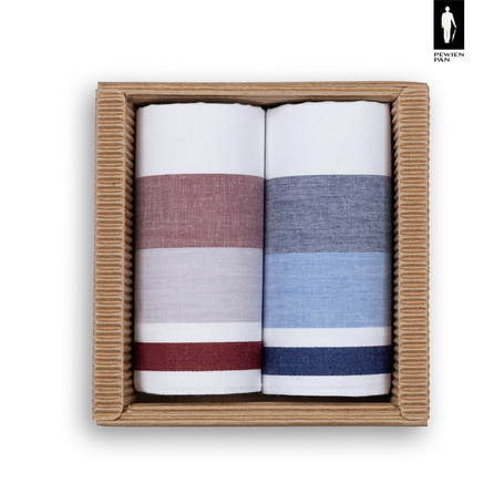 Bawełniane chusteczki męskie w niebiesko-granatowe oraz szaro-bordowe szerokie pasy – zestaw 2 sztuk