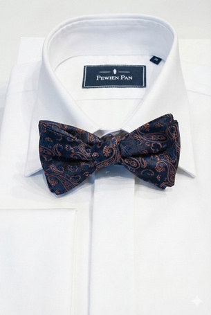 Mucha Wiązana Granatowa – Żakardowa w Miedziany Wzór Paisley