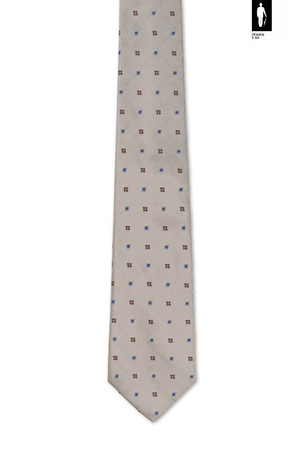 Jedwabny krawat beżowy z brązowo-błękitnym mikrowzorem