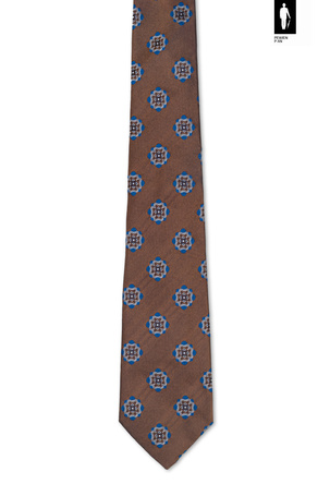 Jedwabny krawat jasnobrązowy w niebiesko-biały wzór