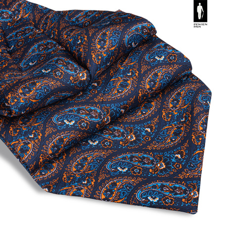 Jedwabny fular granatowy w niebiesko-pomarańczowy wzór paisley