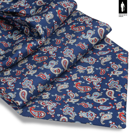 Jedwabny fular granatowy w czerwono-niebiesko-kremowy wzór paisley