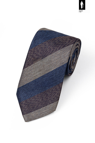 Brązowo-granatowy krawat męski – jedwab, bawełna, len – włoski