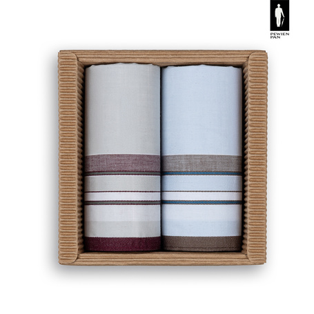 Bawełniane chusteczki męskie w szaro-bordowe oraz błękitno-brązowe paski – zestaw 2 sztuk