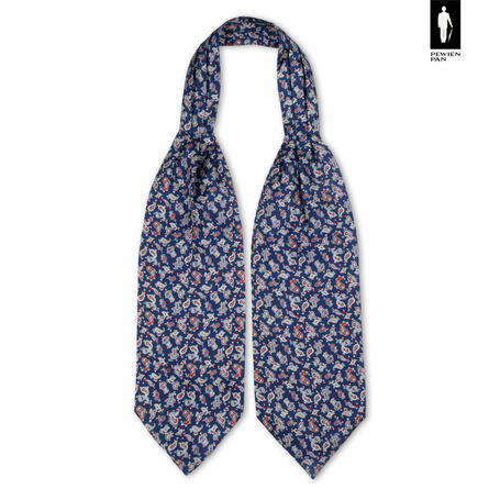 Jedwabny fular granatowy w czerwono-niebiesko-kremowy wzór paisley