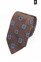 Jedwabny krawat jasnobrązowy w niebiesko-biały wzór