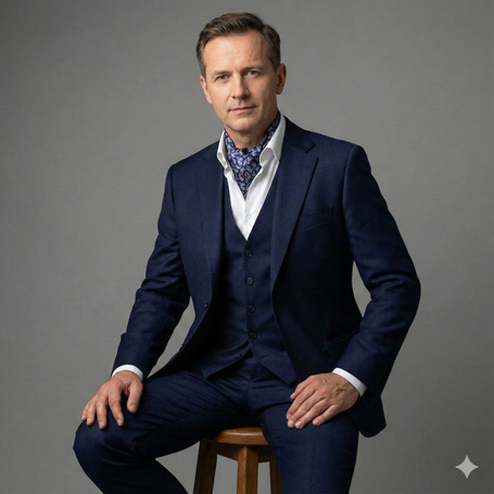 Jedwabny fular granatowy w czerwono-niebiesko-kremowy wzór paisley