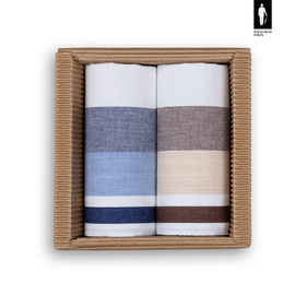 Bawełniane chusteczki męskie w niebiesko-granatowe oraz beżowo-brązowe szerokie pasy – zestaw 2 sztuk
