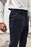 Spodnie męskie granatowe wysoki stan z wełnianej flaneli w pepitkę