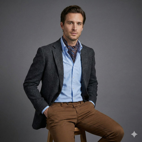 Jedwabny fular granatowy w niebiesko-pomarańczowy wzór paisley