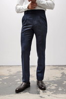 Spodnie męskie granatowe wysoki stan z wełnianej flaneli w pepitkę