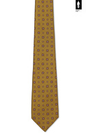 Musztardowy krawat jedwabny z czerwonym mikrowzorem