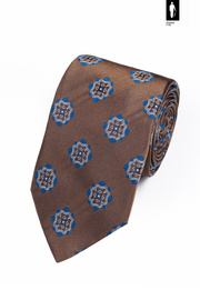 Jedwabny krawat jasnobrązowy w niebiesko-biały wzór