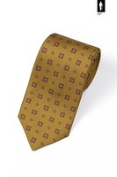 Musztardowy krawat jedwabny z czerwonym mikrowzorem