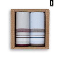 Bawełniane chusteczki męskie w szaro-bordowe oraz błękitno-brązowe paski – zestaw 2 sztuk