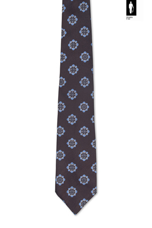 Jedwabny krawat brązowy w błękitno-biały wzór