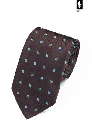 Jedwabny krawat brązowy z zielono-błękitnym mikrowzorem